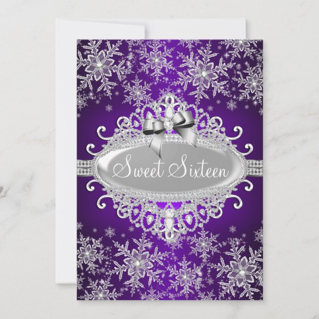 Convite Purple Silver Sparkle Snowflake Sweet 16 (Frente)