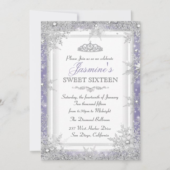Convite Purple Silver Winter Wonderland Sweet 16 (Frente)