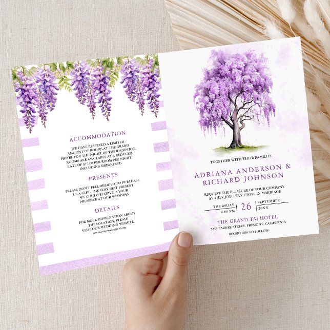 Convite Purple Wisteria Floral Tree QR Code Wedding (Criador carregado)