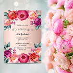 Convite púrpura cor-de-rosa com flores de aniversá<br><div class="desc">Um cartão de convite elegante para uma festa de aniversário 50ª (ou qualquer idade). Com flores rosadas contemporâneas, cor-de-rosa, púrpura e rosa douradas, florais como decoração. Um fundo de gradiente rosa dourado chic. O nome é escrito com um script de estilo escrito à mão em preto. Dica: Se você não...</div>