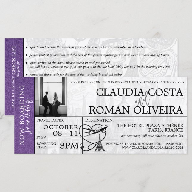 Convite Púrpura para Embarque de Embarque em Paris (Frente/Verso)