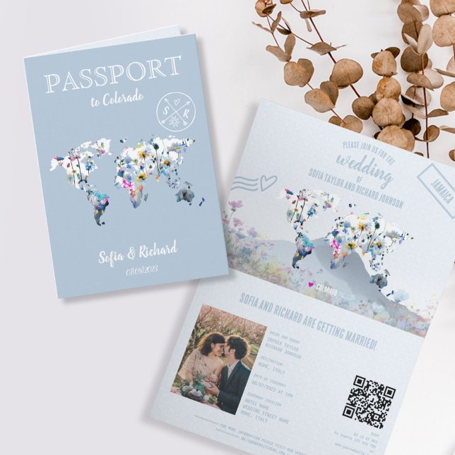 Convite QR Code Meadow Wedding Destination Passport Map  (dusty blue mountain wedding passport)