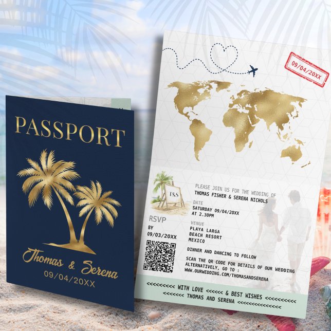 Convite QR Code Palm Tree Passport Style Wedding (Criador carregado)