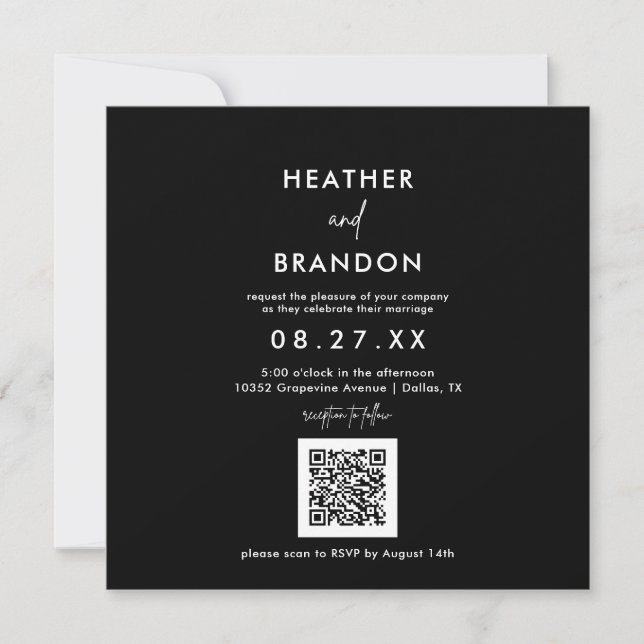 Convite Quadrado de Casamento de Código QR Preto (Frente)