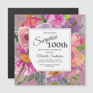 Convite Quadrado de flor selvagem rosa púrpura 100ª Festa 