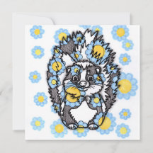 Convite Quadrado de Gambá Fofo com Flores Azuis pa