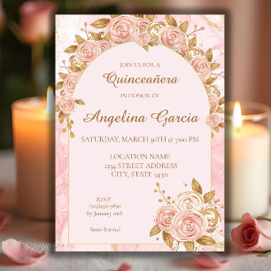 Convite Quimceanera Quimético Dourado Cor-de-Rosa