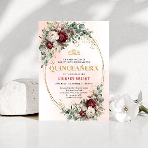 Convite Quince Rojo Profundo Flores Boho Romántico