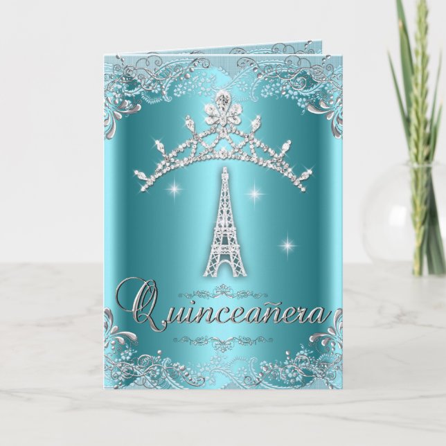 Convite Quinceanera 15 Torre Azul Teal de Prata Tiara Eiff (Frente)
