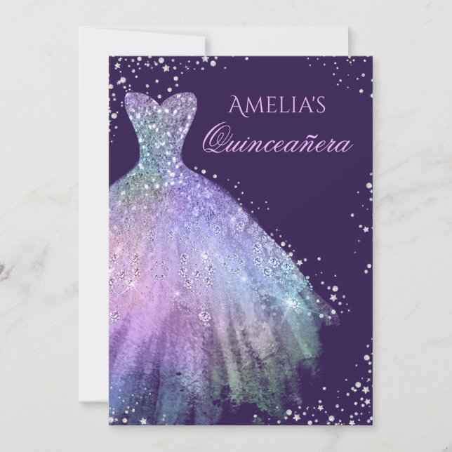Convite Quinceanera Arco-íris de Vestido Brilhante (Frente)