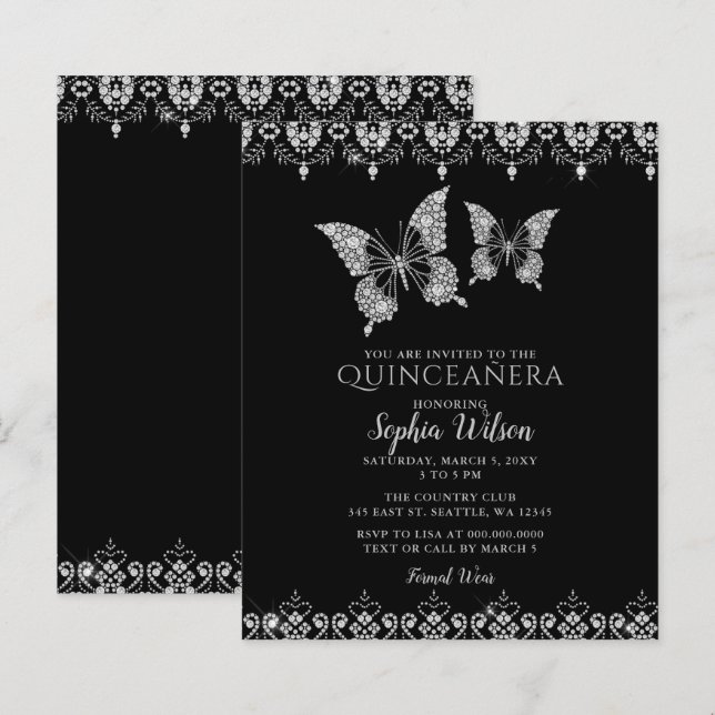 Convite Quinceañera Borboletas de Renda Orçamentár (Frente/Verso)