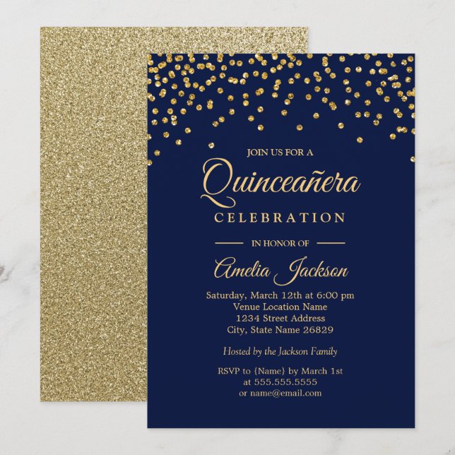 Convite Quinceanera Brilho Dourado Marinho Confete (Frente/Verso)