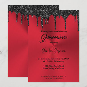 Convite Quinceanera brilho vermelho metálico