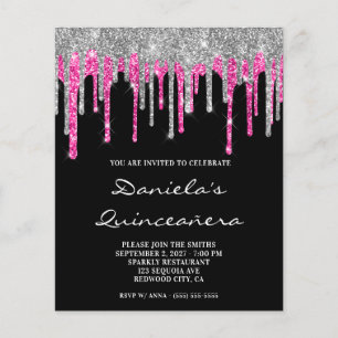 Convite Quinceañera com Brilho Rosa Quente Prata