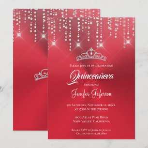 Convite Quinceanera com brilho vermelho metálico