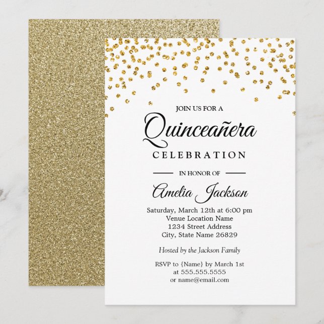 Convite Quinceanera Confete Brilho Dourado (Frente/Verso)