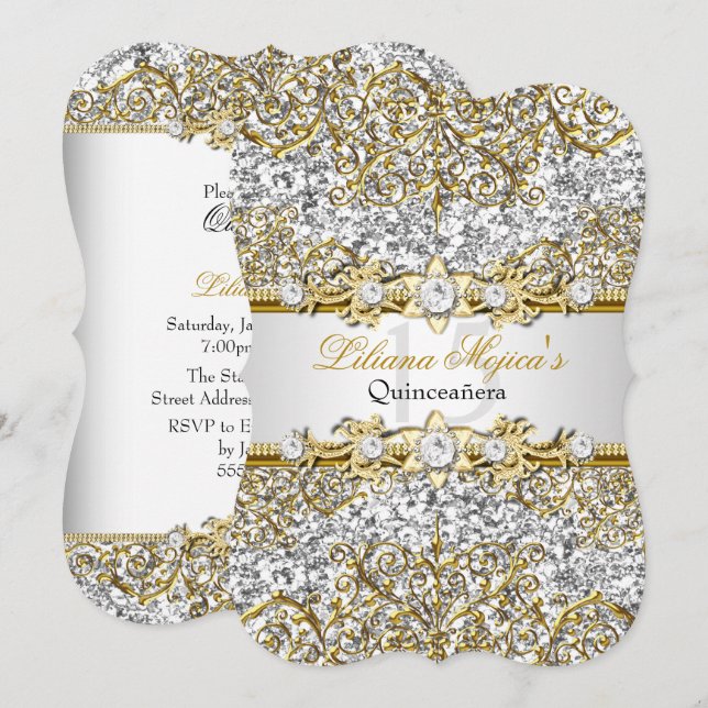 Convite Quinceanera Damasco Brilho Ouro (Frente/Verso)