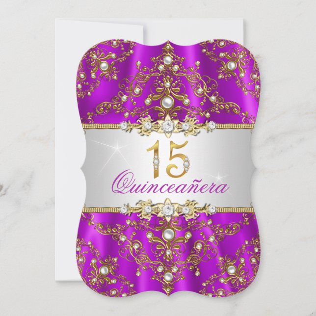 Convite Quinceanera Damask Pérola Dourada Roxa (Frente)