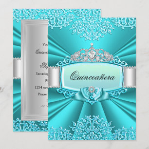 Convite Quinceanera Damask Tiara Turquesa