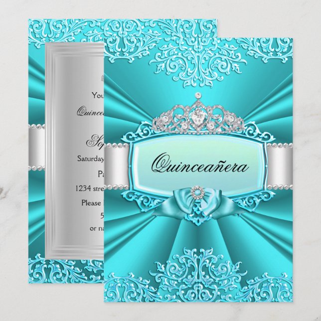 Convite Quinceanera Damask Tiara Turquesa (Frente/Verso)