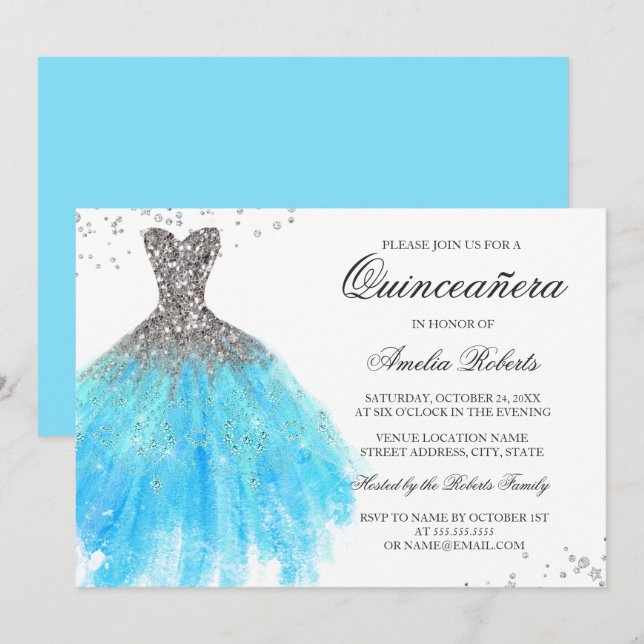 Convite Quinceanera de Vestido Azul Brilhante (Frente/Verso)