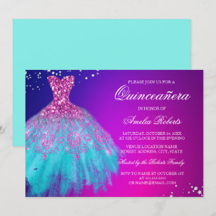 Convite Quinceanera de Vestido Brilhante Rosa Azul
