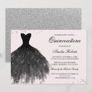 Convite Quinceanera de Vestido Brilho Preto Rosa