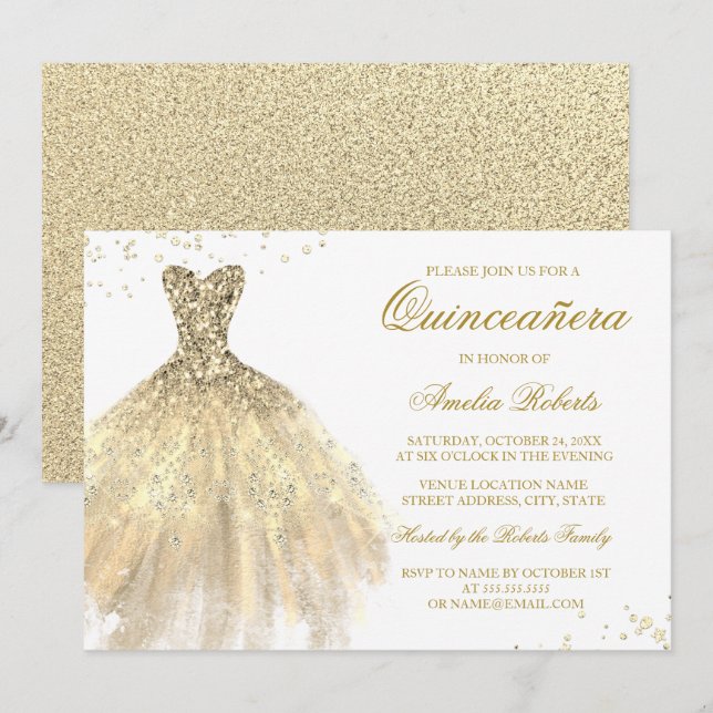 Convite Quinceanera de Vestido com Brilho Dourado (Frente/Verso)