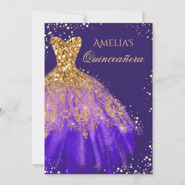 Convite Quinceanera Dourado Roxo Brilhante (Frente)