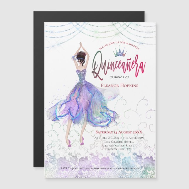 Convite Quinceanera Elegante Blue Lilac (Frente/Verso)