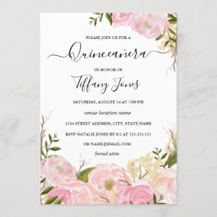 Convite Quinceanera Floral Aquarela Rosa Bege