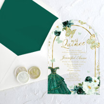 Convite Quinceañera Floral Borboleta Verde Esmeral