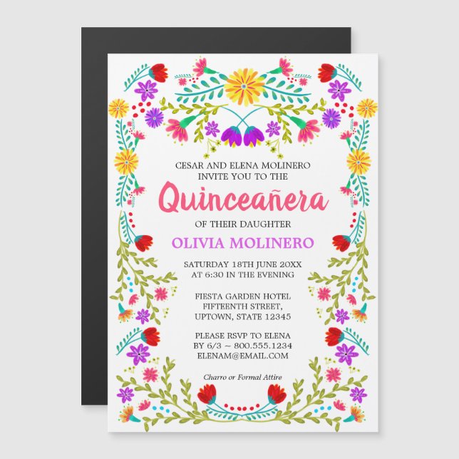 Convite Quinceanera Floral Colorida de Arte Foliar Mexican (Frente/Verso)