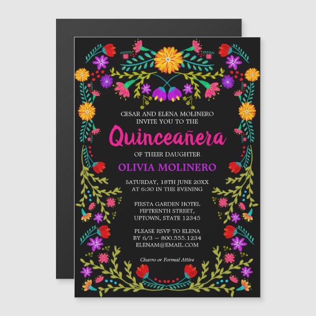 Convite Quinceanera Floral Colorida de Arte Popular Mexica (Frente/Verso)