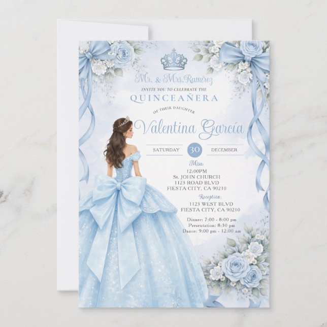 Convite Quinceañera Floral com Laço Azul Desbotado (Frente)