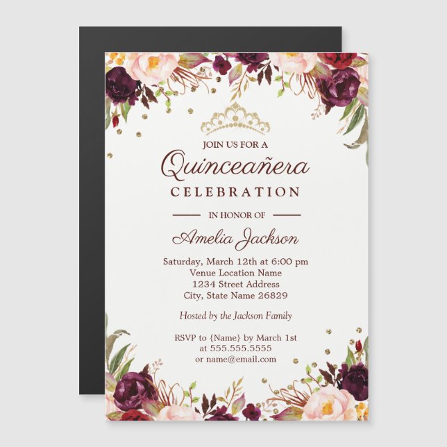 Convite Quinceanera Floral Elegante Dourada Burgundy (Frente/Verso)