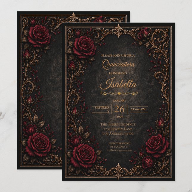 Convite Quinceanera Floral Halloween Gótico (Frente/Verso)