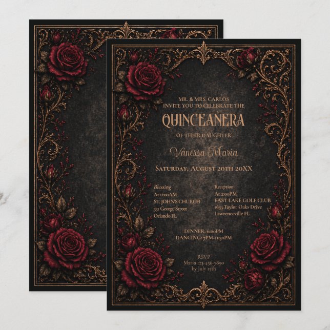 Convite Quinceanera Floral Halloween Gótico (Frente/Verso)