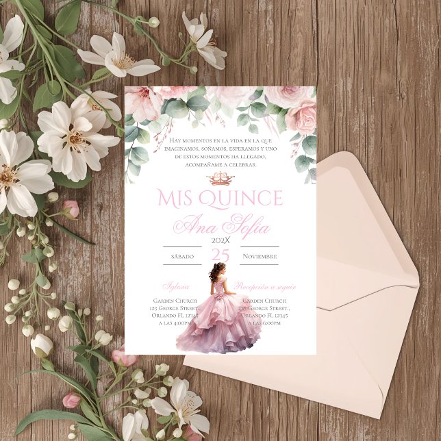 Convite Quinceanera Floral Rosa Espanhol (Criador carregado)