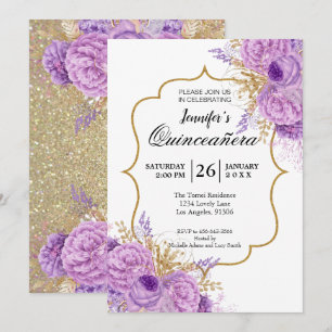 Convite Quinceanera Floral Roxo Brilhante