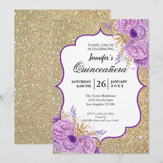 Convite Quinceanera Floral Roxo Brilhante (Frente/Verso)
