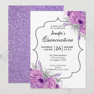 Convite Quinceanera Floral Roxo Brilhante