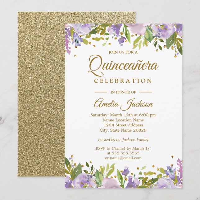 Convite Quinceanera Floral Roxo Brilho Dourado (Frente/Verso)