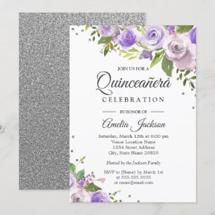 Convite Quinceanera Floral Roxo Brilho Prata