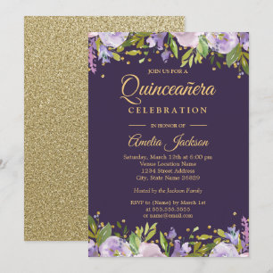 Convite Quinceanera Floral Roxo Dourado Brilhante