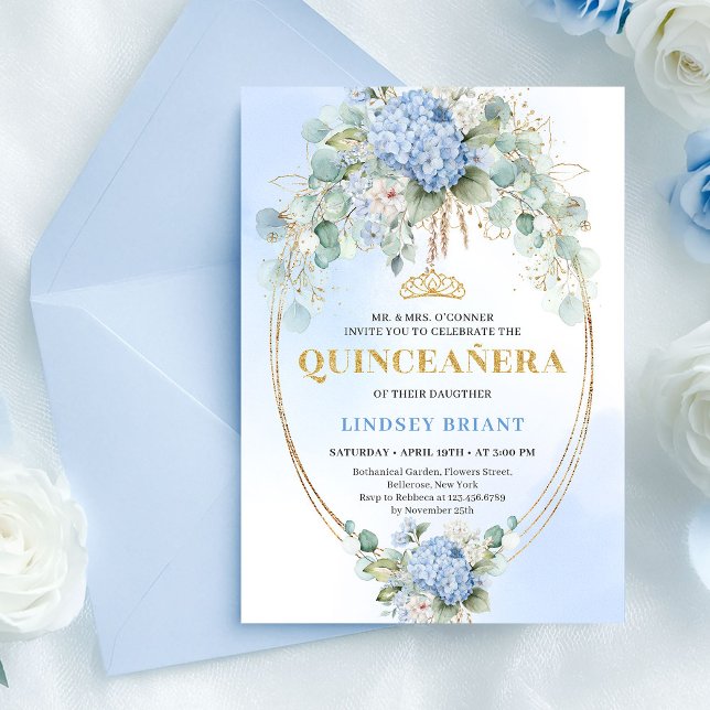 Convite Quinceañera Flores Azuis Eucalipto da Moda (Trendy Blue Flowers Eucalyptus Quinceañera Invite)