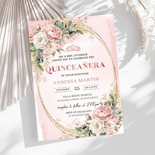Convite Quinceañera Flores Rosa Bege Eucalipto (Blush Pink Flowers Eucalyptus Quinceañera Invite)
