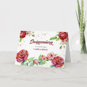 Convite Quinceanera Flores Rosas Vermelhas Rosa Dourado Vi