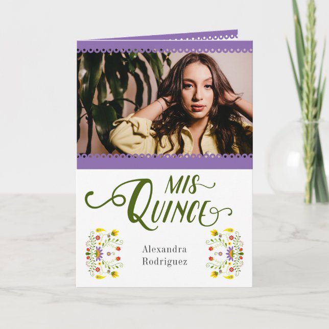 Convite Quinceanera Foto Floral Do México Tradicional Roxo (Frente)