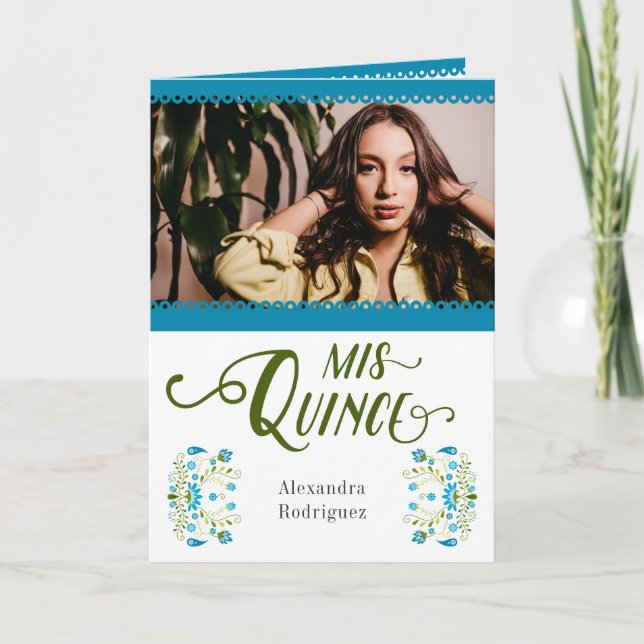 Convite Quinceanera Foto Floral Mexicana Tradicional Azul (Frente)
